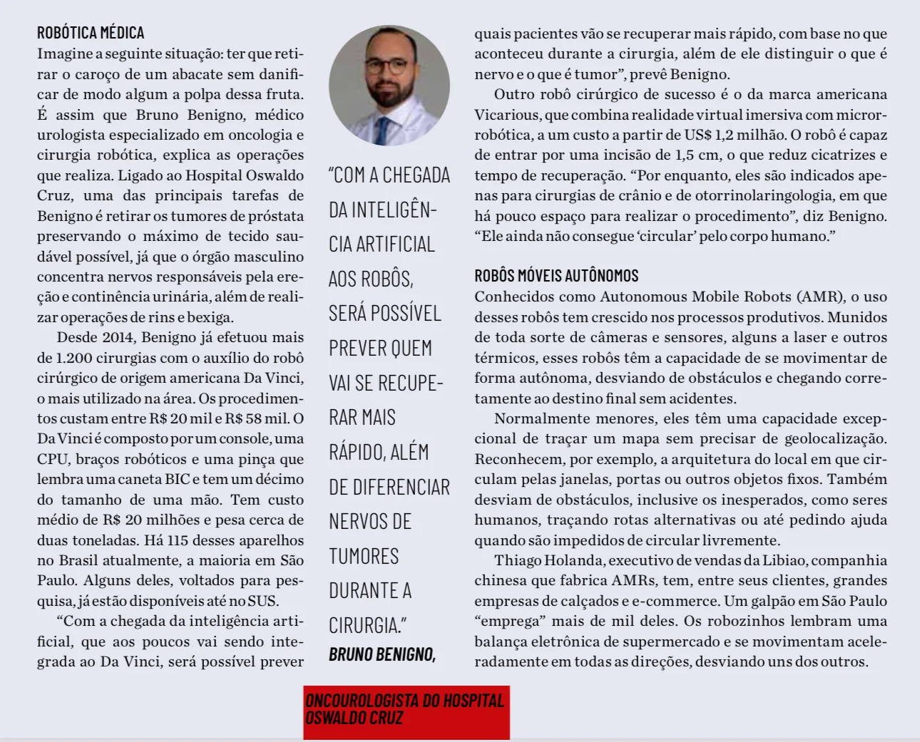 Página del reportaje sobre robótica médica de Forbes Brasil con la entrevista al Dr. Bruno Benigno